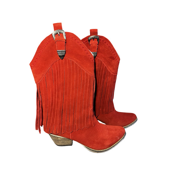 Very Volatile Boots Womens Size 10 Red Suede Western Cowboy Fringe Mid Calf - Picture 1 of 10